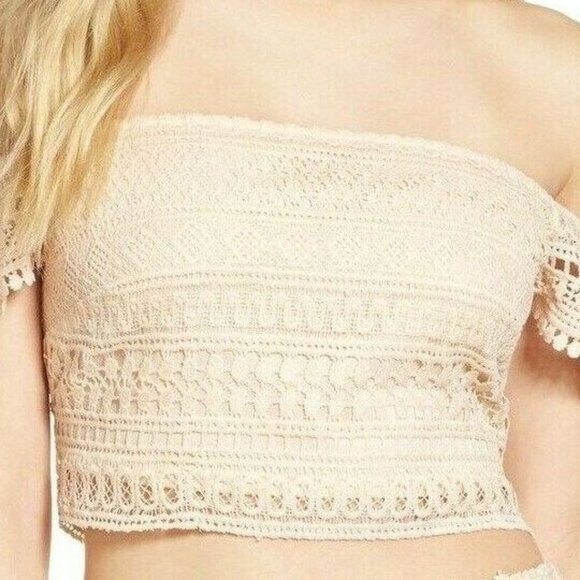 Leith Size XL Off-Shoulder Ivory Stretch Pink Scallop Lace Crop Top NWT - Picture 1 of 6